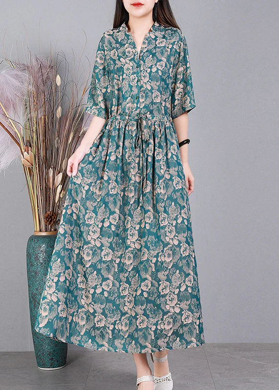 casual knit dressWomen Green V Neck Drawstring Print Silk Long Dress Short Sleeve