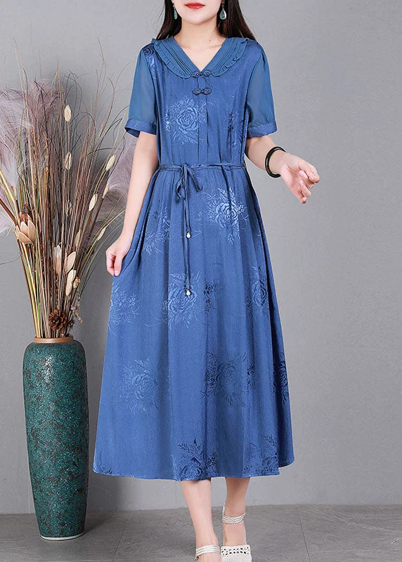 comfy dressElegant Blue V Neck Tie Waist Jacquard Oriental Button Silk Holiday Dress Summer