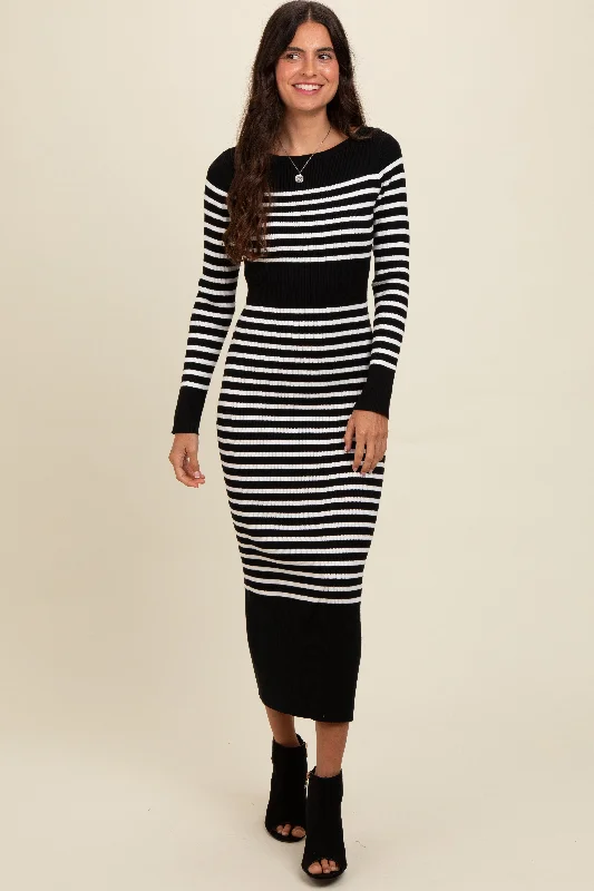 comfy dressBlack Striped Midi Sweater Dress