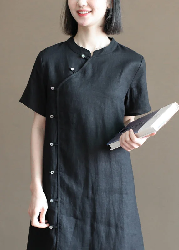 winter dressVintage Solid Black Mandarin Collar Button Linen A Line Dresses Short Sleeve