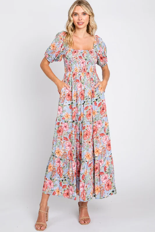 pleated maxi dressBlue Floral Smocked Square Neck Tiered Maxi Dress