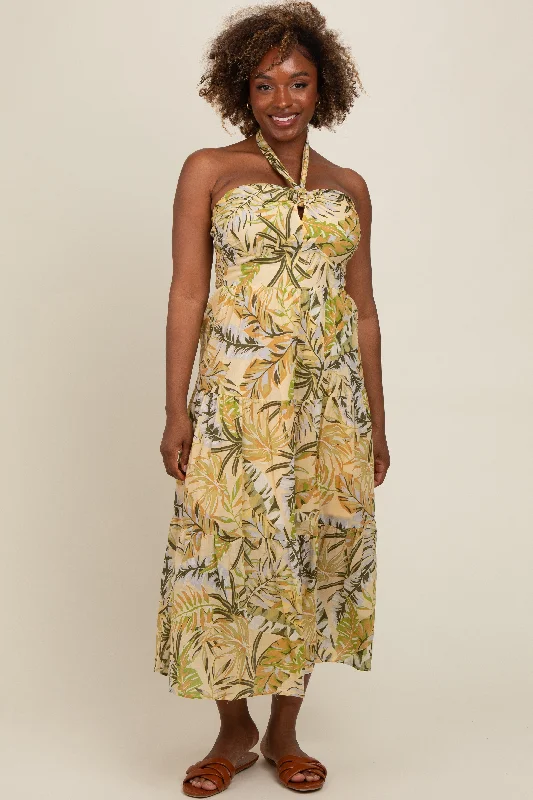 draped dressLight Yellow Tropical Halter Maxi Dress