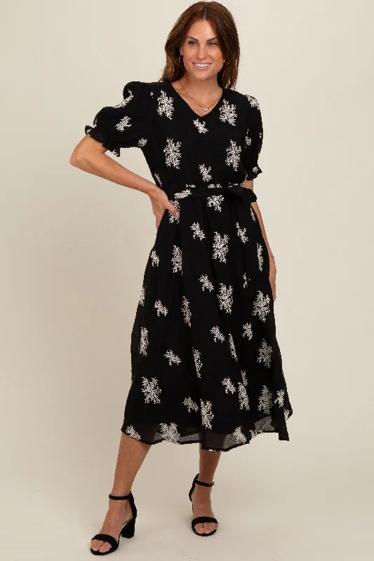 statement dressBlack Embroidered Sash Tie Midi Dress