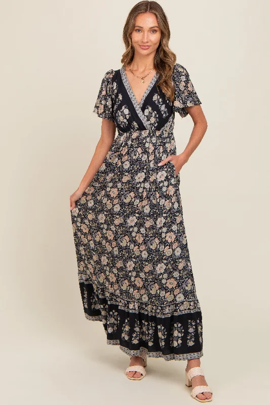 formal dressBlack Floral Border Printed Woven Short Sleeve V-Neck Maxi Dress