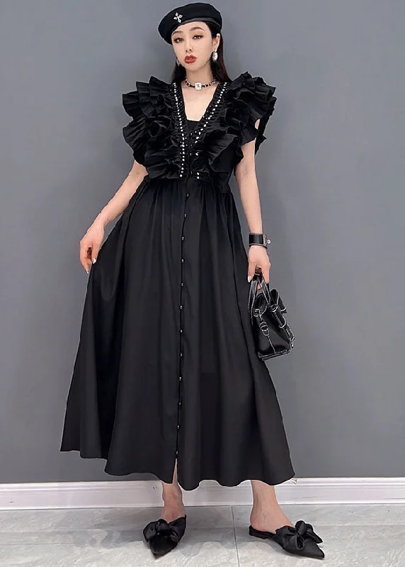 sleek midi dressStyle Solid Black V Neck Original Ruffles Cotton Long Dress Vestidos Sleeveless