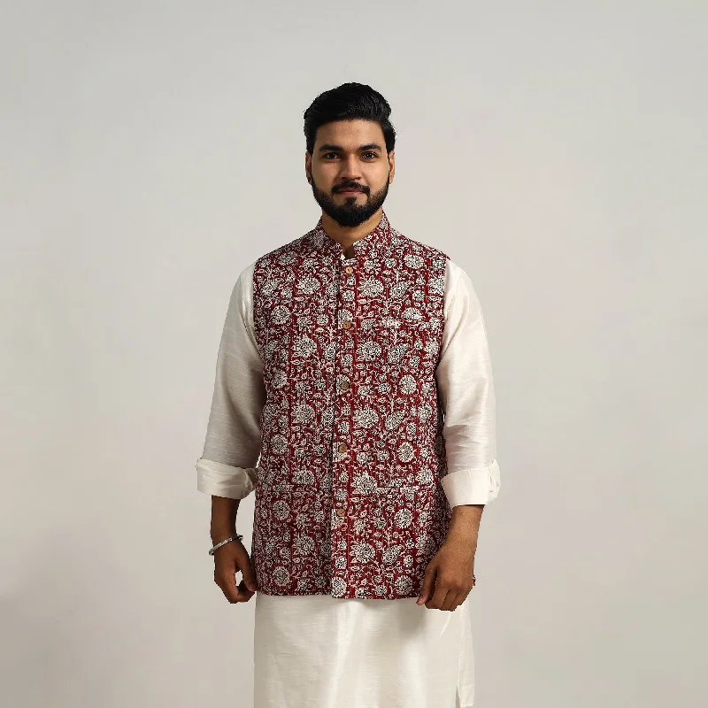 Red - Bagh Print Nehru Jacket for Men 14