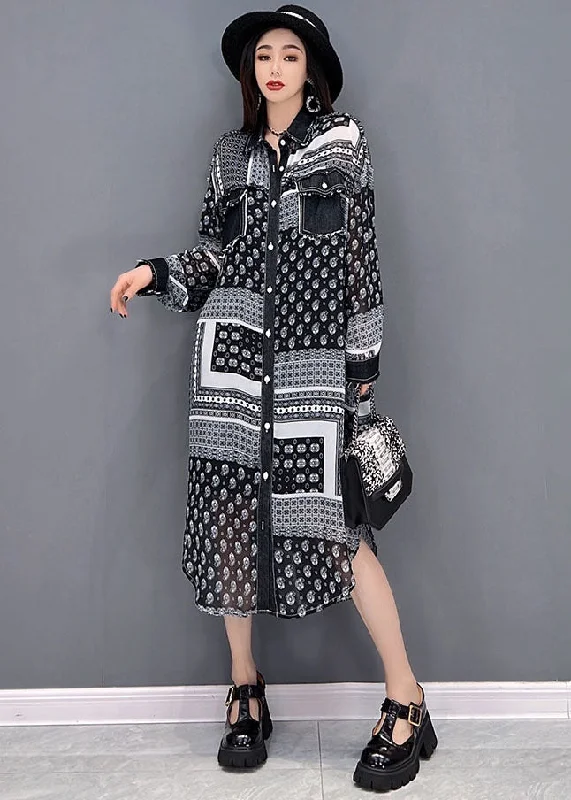 casual summer dressGrey Patchwork Chiffon Vacation Dress Low High Design Pockets Long Sleeve