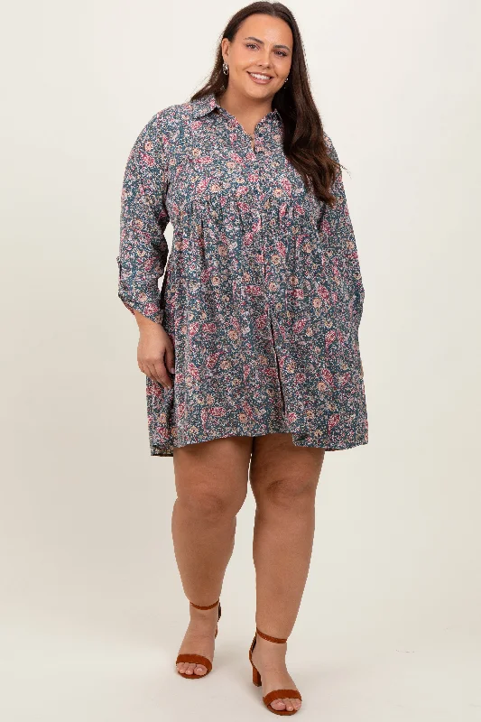 A-line dressTeal Floral Paisley Button Up Plus Dress