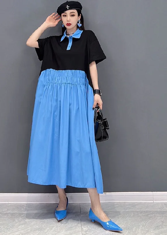 vintage-inspired dressLoose Blue Colorblock Peter Pan Collar Patchwork pleated Cotton Shirt Dress Short Sleeve