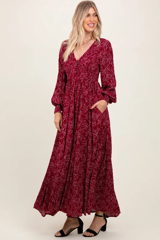 sleeveless dressBurgundy Floral Smocked Button Detail Maxi Dress