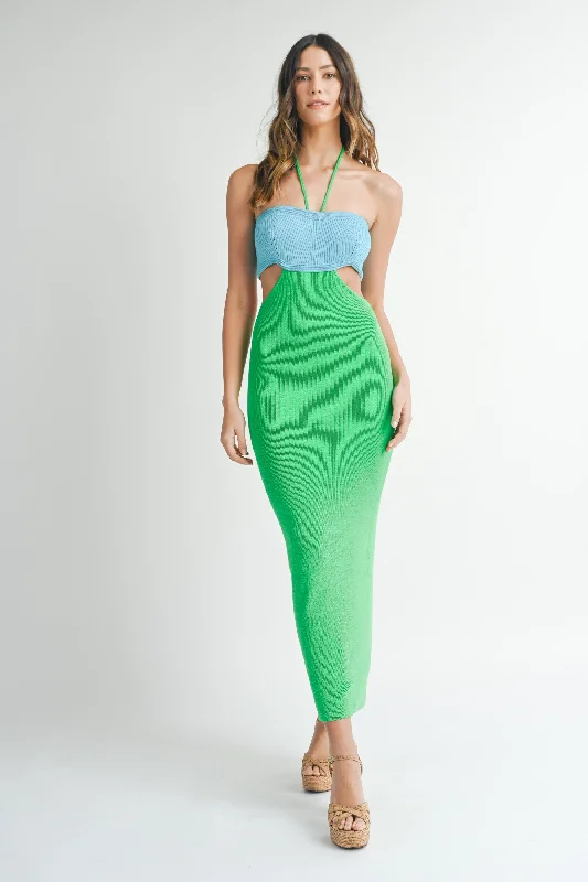 sleek midi dressBlue Green Colorblock Fitted Maxi