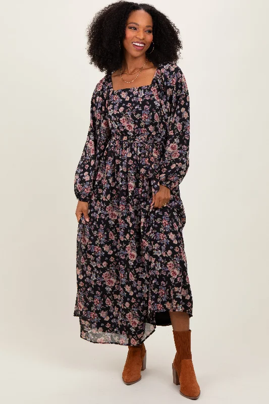 ruched dressBlack Floral Square Neck Front Tie Midi Dress