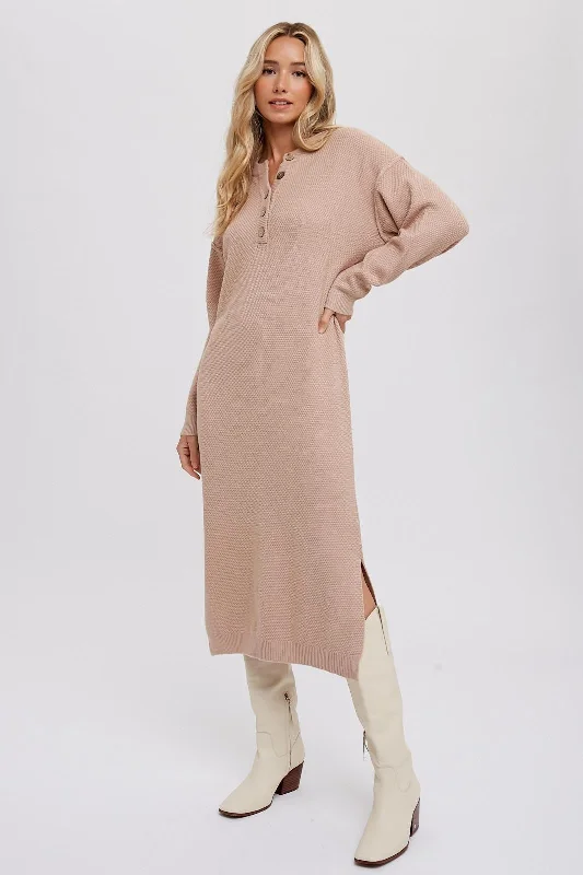 casual midi dressTaupe Waffle Knit Button Long Sleeve Midi Dress