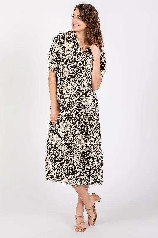 trendy mini dressBlack Floral Collared Tiered Midi Dress