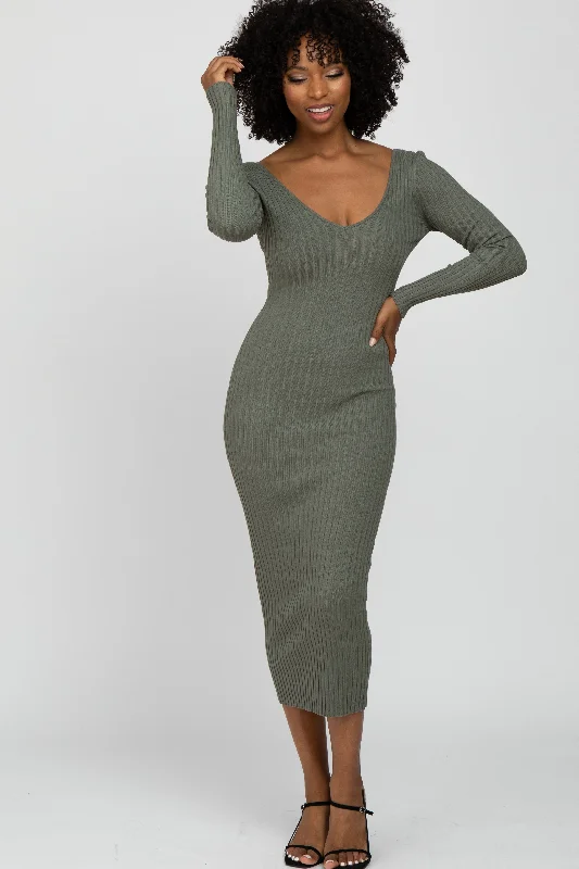 luxury dressLight Olive V-Neck Long Sleeve Fitted Maxi Dress