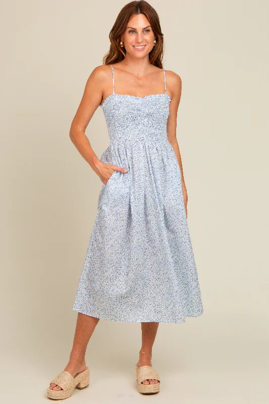 casual day dressLight Blue Printed Smocked Midi Dress