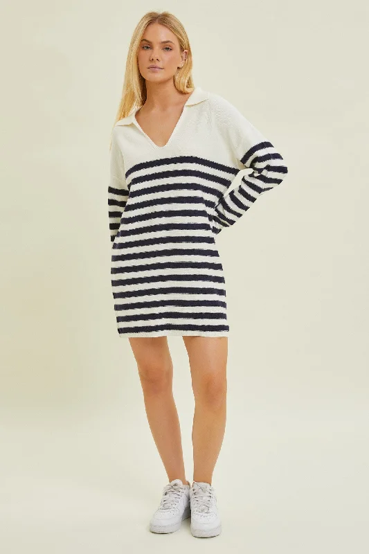 pleated dressIvory Striped Collared Long Sleeve Sweater Dress