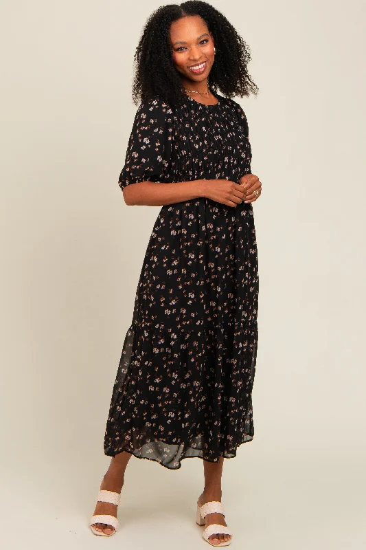 classic fit-and-flare dressBlack Floral Smocked Sash Tie Midi Dress