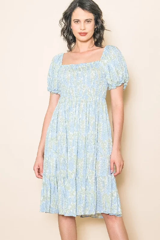 spaghetti strap dressLight Blue Floral Puff Sleeve Smocked Chest Dress