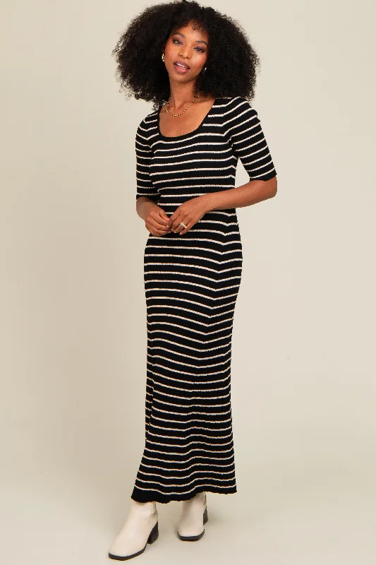 trendy wrap dressBlack Striped Ribbed Short Sleeve Maxi Dress