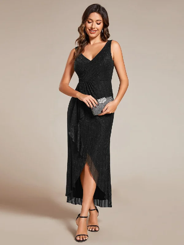 pleated maxi dressShimmer V Neck Midi Length Wedding Guest Dress With Spaghetti Straps