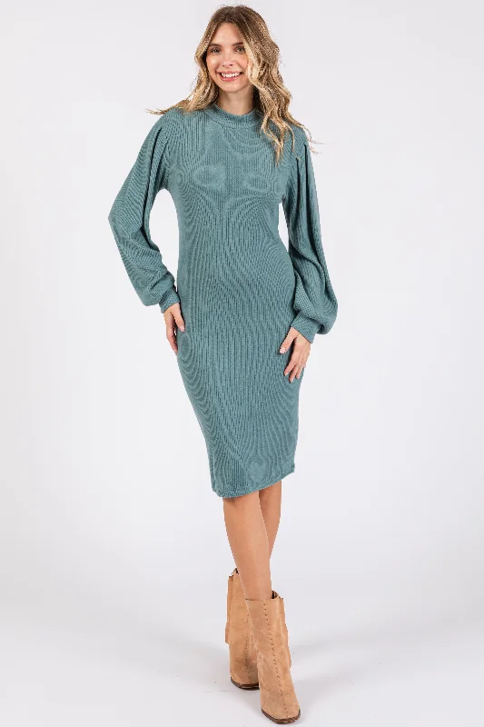 chic wrap dressTeal Ribbed Long Sleeve Mock Neck Dress