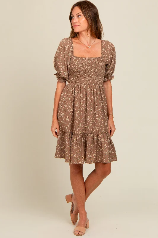 comfy maxi dressMocha Floral Smocked Puff Sleeve Dress