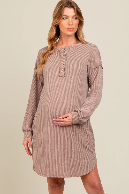 fitted dressMocha Ribbed Button Accent Maternity Dress