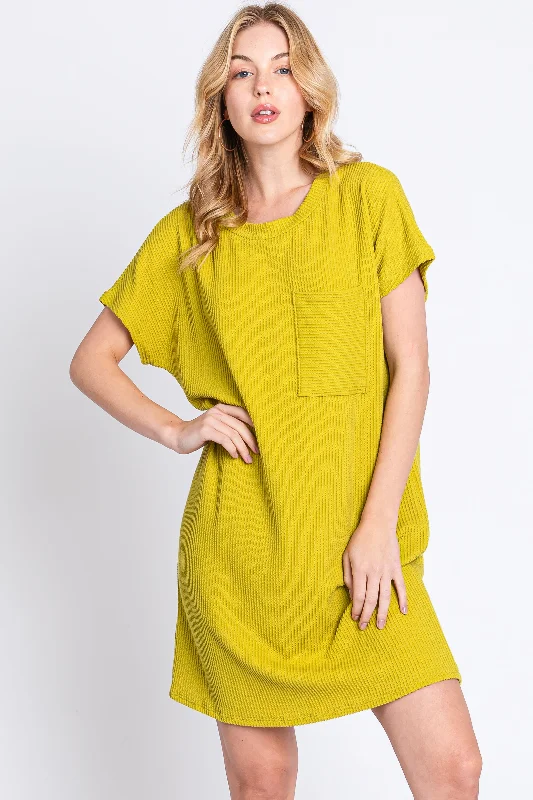 sleek dressLime Ribbed Front Pocket Dolman Short Sleeve Dress