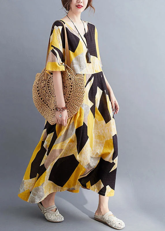 cocktail party dressFrench Yellow O-Neck Print Exra Large Hem Cotton Cinch Long Dress Short Sleeve