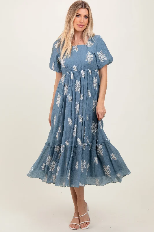 oversized dressBlue Floral Print Ruffle Hem Midi Dress