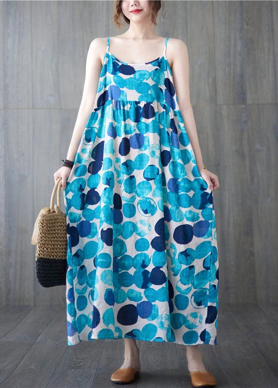 evening dressChic Lake Blue Backless Dot Print Linen Spaghetti Strap Dresses Sleeveless