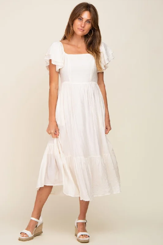 tiered dressCream Flutter Sleeve Midi Dress