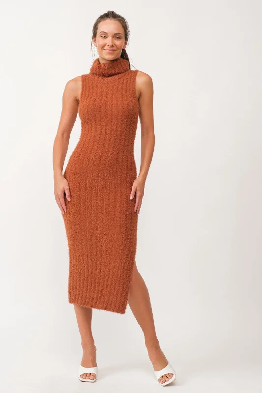 modern dressCamel Fuzzy Knit Sleeveless Turtle Neck Midi Dress