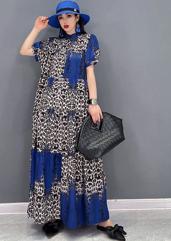 spaghetti strap dressBoutique Colorblock Stand Collar Leopard Print Chiffon Vacation Dresses Short Sleeve