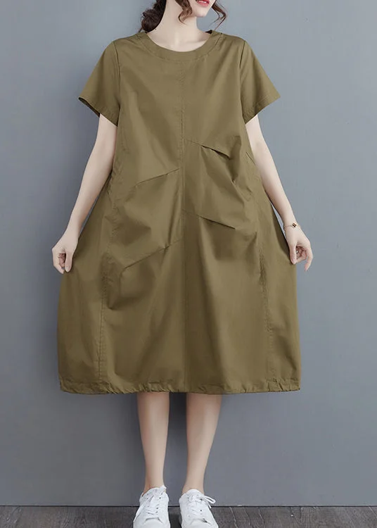 classic fit-and-flare dressElegant Army Green Solid Ruffles O-Neck Cotton Dress Short Sleeve