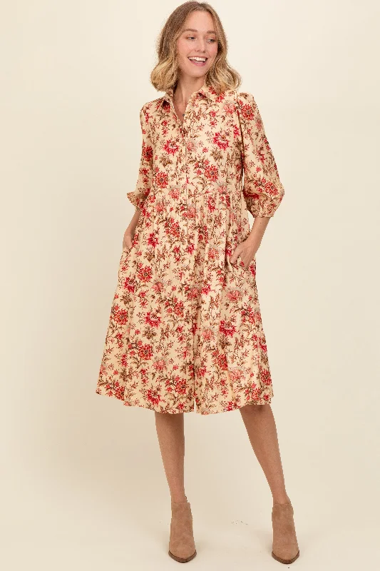 romantic dressCream Floral Button Down Midi Dress