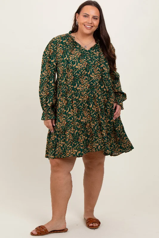 sophisticated dressForest Green Leaf Print Long Sleeve Plus Dress