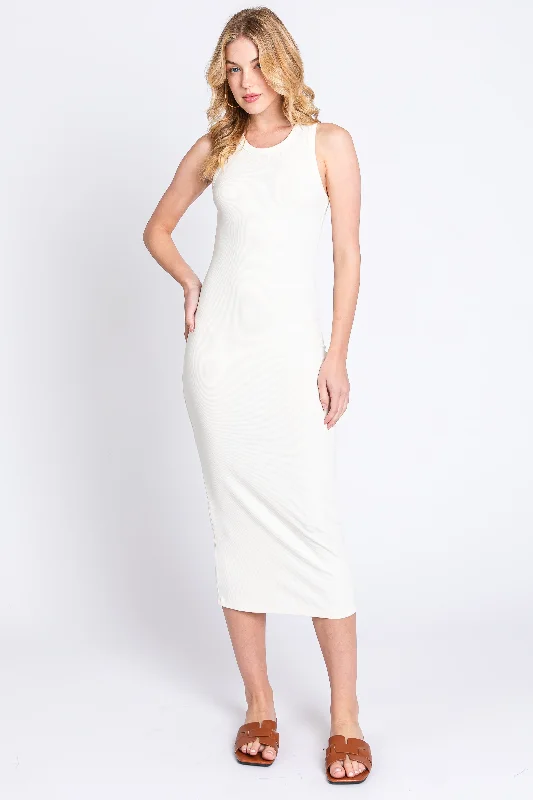 cocktail party dressIvory Sleeveless Ribbed Fitted Midi Dress