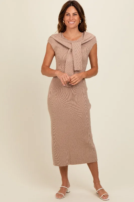 mini dressBeige Knit Sleeve Tie Detail Midi Dress