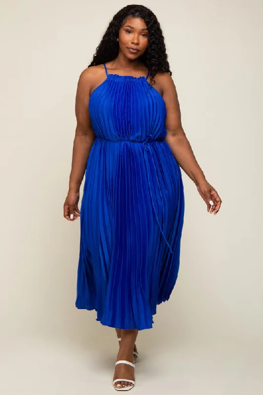 knit dressRoyal Blue Pleated Sleeveless Waist Tie Plus Maxi Dress