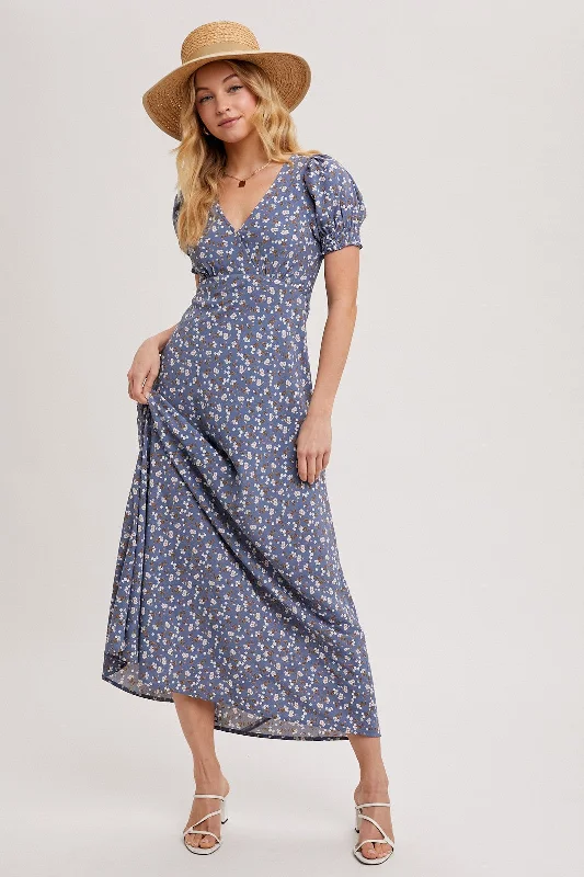 chic slip dressBlue Floral Puff Sleeve V Neck Maxi Dress