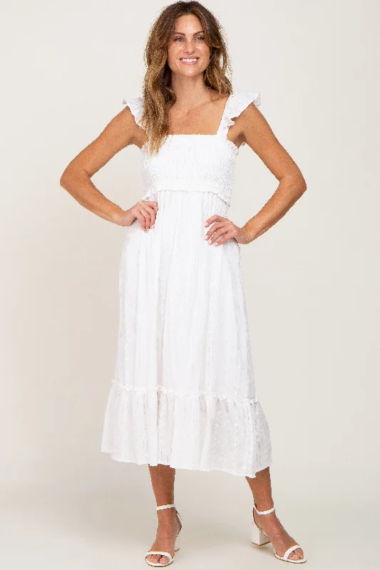 off-shoulder dressWhite Smocked Textured Midi Dress