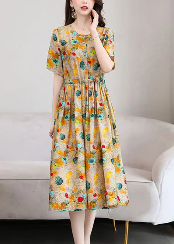 layered dressYellow Print Linen Dresses O-Neck Cinched Drawstring Short Sleeve