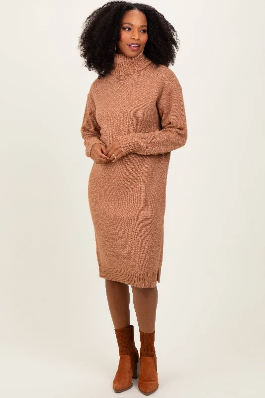 trendy mini dressCamel Turtleneck Side Slit Midi Sweater Dress