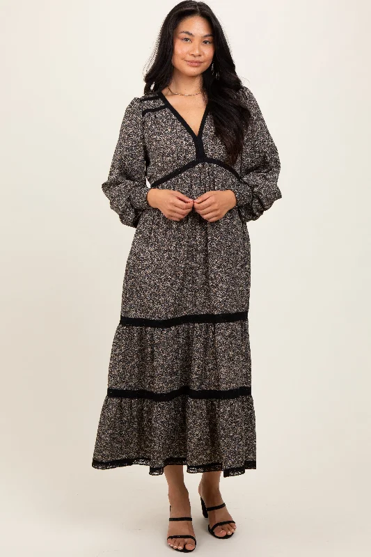 sophisticated dressBlack Floral Lace Trim Bubble Sleeve Maxi Dress