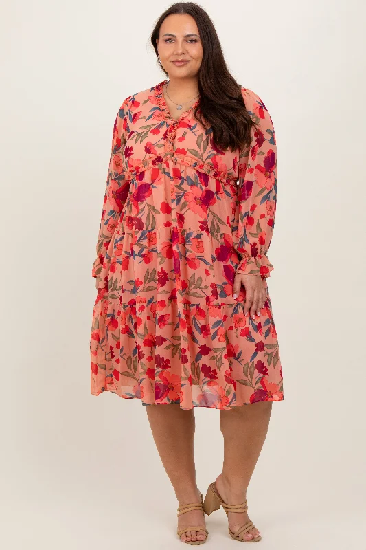 evening dressMauve Floral Ruffle V-Neck Plus Dress