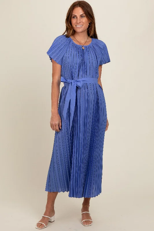 winter dressBlue Pleated Sash Tie Midi Dress