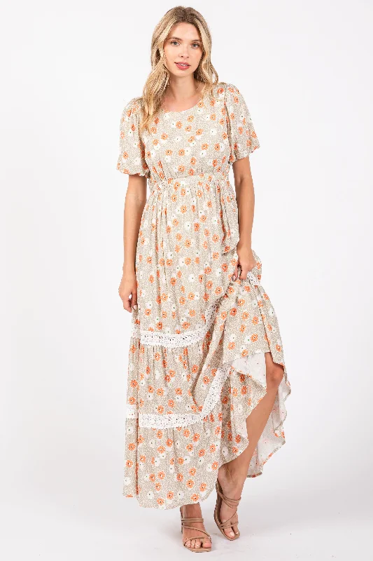 winter dressTaupe Floral Lace Trim Maxi Dress