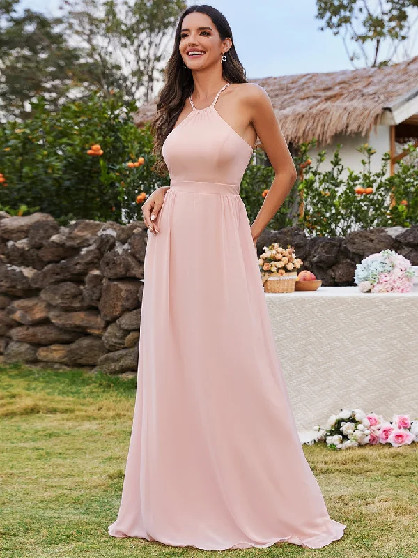 fitted cocktail dressElegant Belly collar Halter Neck Spaghetti Straps Chiffon Bridesmaid Dresses with  Back Lotus Leaf Stream